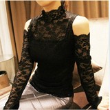 2016夏季韩版蕾丝立领打底衫 镂空性感露肩长袖 夜店修身显瘦上衣