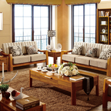新款中式简约实木沙发组合1+2+3 柚木客厅家具 U型木架布沙发814S