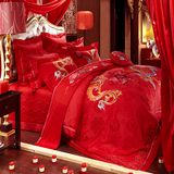 婚庆床品大红十件套 结婚床上用品龙凤红色中式绣花多件套被套