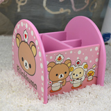 粉色三格遥控器木质收纳盒杂物盒化妆品三只小熊桌面装饰摆件
