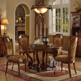 美式复古带转盘圆餐桌 欧式简约雕花组合饭桌 直径1.35米实木餐桌