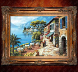 油画欧式有框风景地中海山水风景家居客厅装饰餐厅玄关走廊挂画横