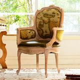 奇居良品法式新古典欧洲进口白榉木 地图款靠背布艺真皮单椅书椅