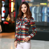 纯棉格子衬衫长袖短款少女学生韩版方格衬衣修身褂子2016春装新款