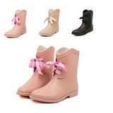 韩版时尚短筒雨靴中筒底平跟蝴蝶结系带包邮雨鞋女式时尚水靴胶鞋