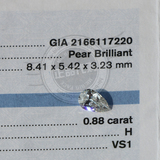 0.88克拉钻梨形钻石水滴形钻石H色／VS1抛光EX切割对称VG Fiant