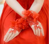 红色白色新娘结婚婚纱礼服手套短款花朵钻饰影楼造型手套包邮