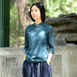【若茗】夏装原创清新立领中式衬衣纯色七分袖文艺复古衬衫女棉
