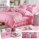60支全棉蕾丝边粉红结婚庆床上用品床罩裙4四件套1.2 1.8 2米被套