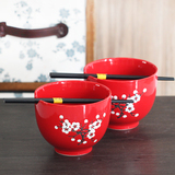 N879陶瓷碗筷套装礼品餐具日式红色喜庆大碗结婚教师节礼物泡面碗