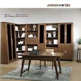 书房家具 中式现代 泰国橡木 6502九门转角组合实木书柜+6501书桌