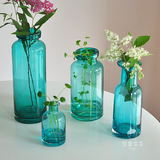 简约欧式 展口颈形 蓝色手工玻璃插花瓶 水培容器 乡村家居装饰瓶