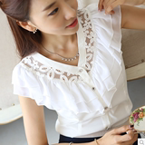 夏季新款韩版修身OL短袖女衬衫大码蕾丝雪纺衫淑女半袖职业衬衣