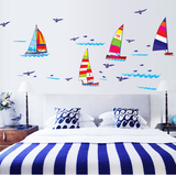地中海墙贴 灯塔卧室贴画客厅墙面装饰贴纸海鸥帆船蓝色海洋包邮