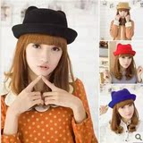 韩版可爱猫耳朵帽子女夏天潮春黑色毛呢卷边圆顶英伦红色儿童礼帽