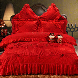 艾巢 韩式蕾丝四件套 婚庆贡缎提花大红色四件套1.8/2.0床上用品