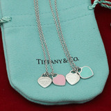 Tiffany纯银锁骨项链 蒂芙尼双心镶珐琅吊坠女款串珠手链