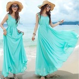 2016夏季新款女装韩版纯色气质长裙沙滩裙海边度假修身雪纺连衣裙