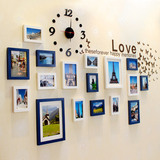 简约欧式实木创意照片墙相框墙组合 客厅新婚房装饰相片墙贴 钟表