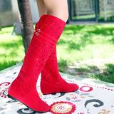 2016春秋新款镂空网靴子女高筒靴中跟内增高单靴夏季凉靴红色女鞋