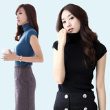 春秋韩版女装高领短袖针织衫弹力套头毛衣女半袖纯色显瘦打底上衣