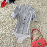 日本订单 OL通勒立领泡泡袖通勤款职业修身条纹连体衬衫 女 短袖