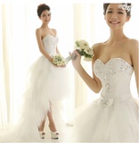 韩版新娘前短后长冬季新娘婚纱晚礼服拖尾钉珠蕾丝2014春季新款