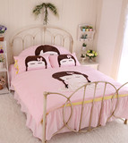 包邮 韩式公主风淑女全棉印花卡通超可爱床罩床裙四件套 粉色美女