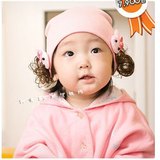 韩国进口宝宝帽子全棉线针织 小兔假发帽子 儿童帽子 黑色款
