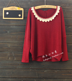 2015秋季外贸原单韩版蕾丝蝙蝠袖针织圆领长袖t恤女款宽松打底衫