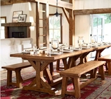 奇梦 美式乡村 实木餐桌椅 组合 松木长方形餐桌 松木板凳餐椅