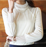 秋冬韩版女式加厚黑白色时尚蕾丝高领针织打底衫长袖大码t恤纯棉