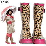 【瑕疵】欧美时尚粉色豹纹外贸女式高筒中桶雨鞋雨靴水鞋