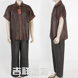 传统老年人男士香云纱拷纱夏装两件套褐色草书翻领短袖衬衫配长裤