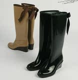 PVC新款女士高筒雨鞋 淑女中筒飘带雨靴 时尚坡跟舒适水靴防滑