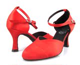 女式成人拉丁舞鞋包头高跟黑红两色广场舞蹈鞋女款跳舞鞋秋冬包邮