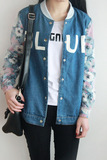 森马女装2015韩国字母BLUE碎花拼接短款牛仔外套棒球服学生外套潮