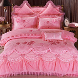 结婚四件套大红蕾丝新婚粉色绸缎刺绣提花婚庆被套床单床盖裙床罩
