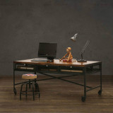 美式乡村复古铁艺做旧书桌 大班台办公桌写字桌 可移动多人电脑桌
