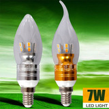 LED蜡烛灯泡7W超亮豪华型尖泡拉尾圆泡E12/E14/E17水晶灯可做调光