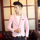 美仁智衣16春装新款修身时尚粉色小西装潮流韩版纯色男装西服外套