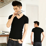 夏季男士短袖韩版修身V领黑色紧身T恤鸡心显瘦男装弹力打底衫潮