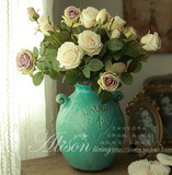 新巢时代/欧式蓝色陶瓷花瓶配高仿真玫瑰花套装高级玫瑰花艺摆设