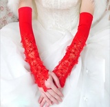 韩式礼服旗袍蕾丝婚纱手套红色加长款 春夏结婚露指新娘手套白色