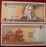 【欧洲】全新UNC 立陶宛1立特  新版 精美老妇人雕刻纸币送礼收藏