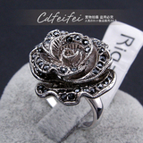韩版食指夸张装饰指环复古做旧仿古银花黑玫瑰黑钻时尚女戒指指环