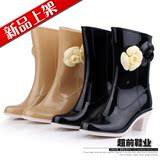 特价女士气质时尚雨鞋日本水鞋 茶花雨靴 高筒高跟防水加棉可拆卸