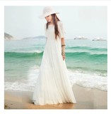 2015春夏新款白色仙女雪纺蕾丝连衣裙修身波西米亚大摆长裙沙滩裙