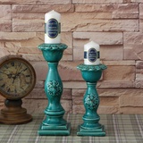 欧式乡村地中海蓝色复古雕花陶瓷冰釉裂纹烛台咖啡时装店摆件饰品