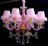 粉色公主房水晶吊灯带羽毛灯罩温馨儿童女儿卧室餐厅样板房灯欧式